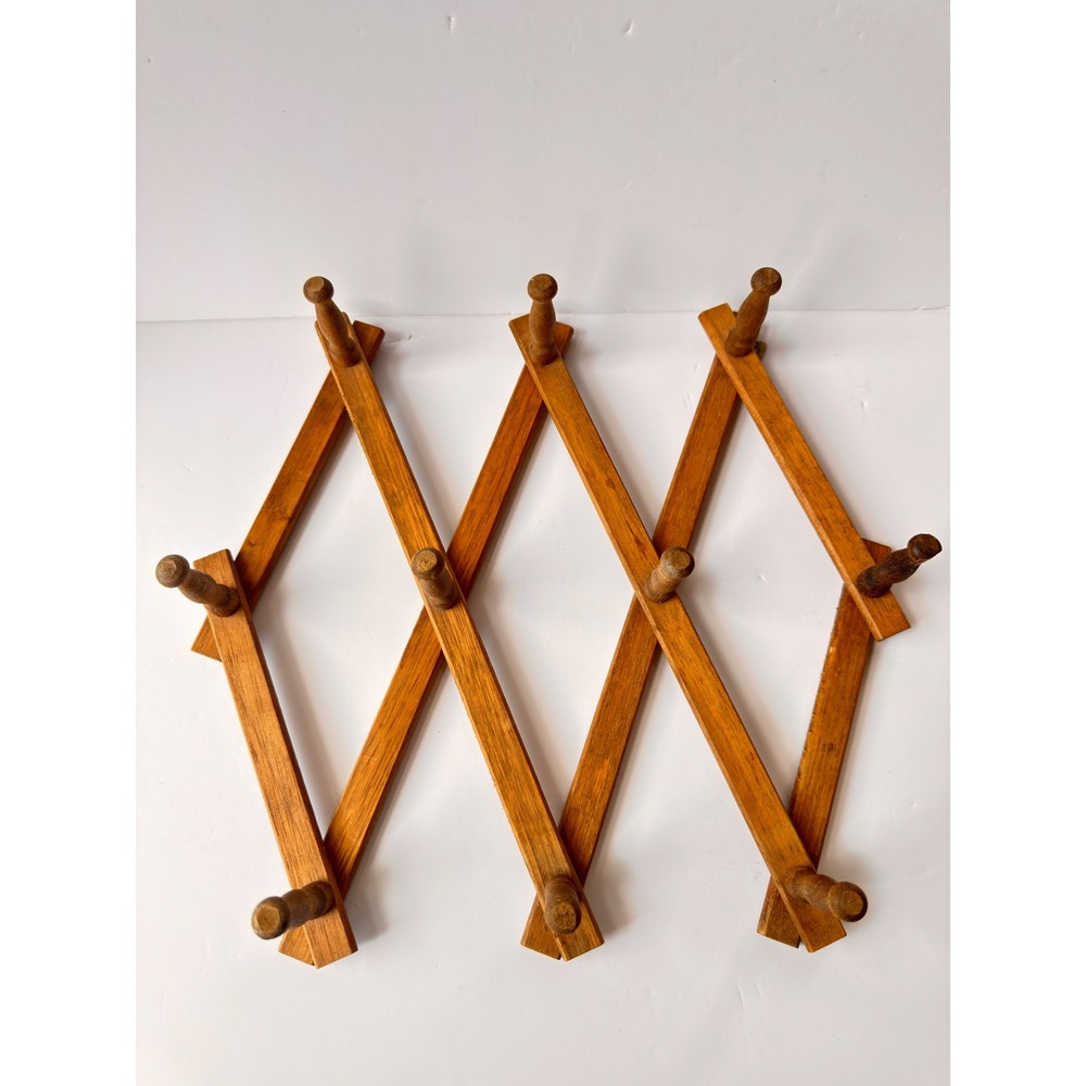 Vintage Wooden Accordion Peg Rack Expandable Wall Coat Hat Towel Hook Organizer